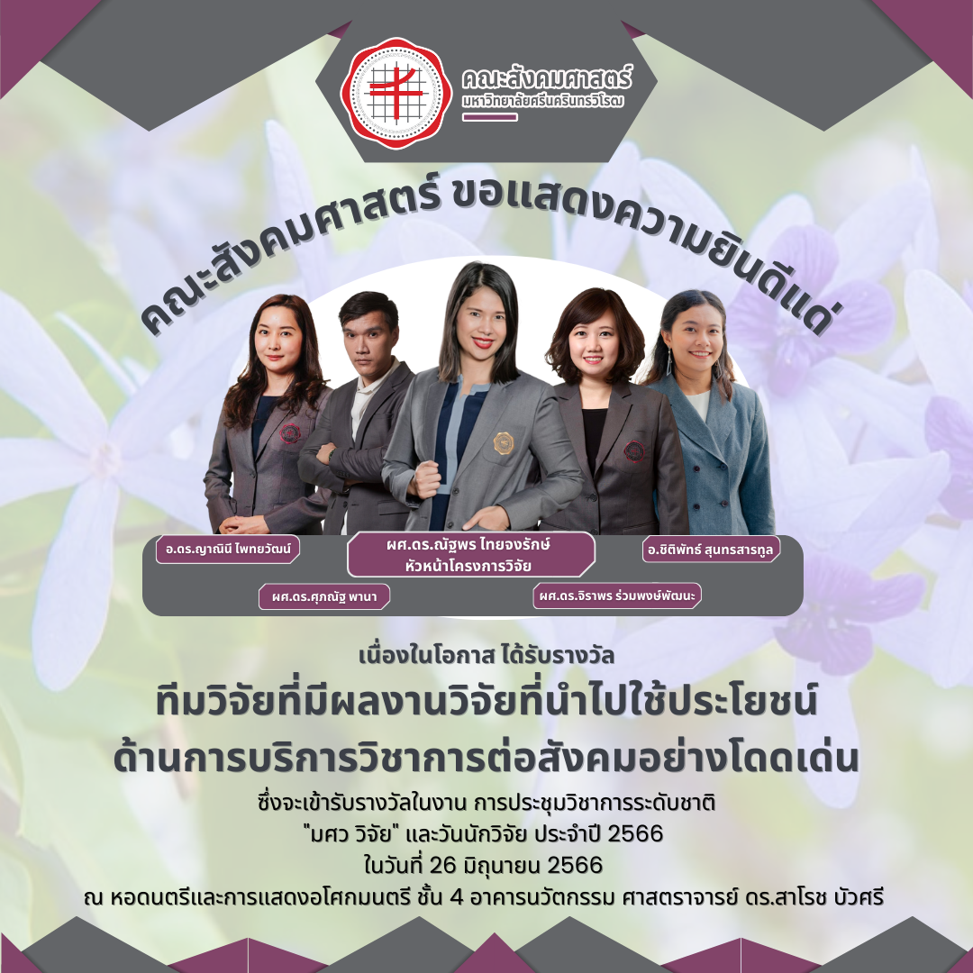 คณะสังคมศาสตร์ ขอแสดงความยินดีแด่ ทีมวิจัยที่มี ผลงานวิจัยที่นำไปใช้ประโยชน์ด้านการบริการวิชาการต่อสังคมอย่างโดดเด่น