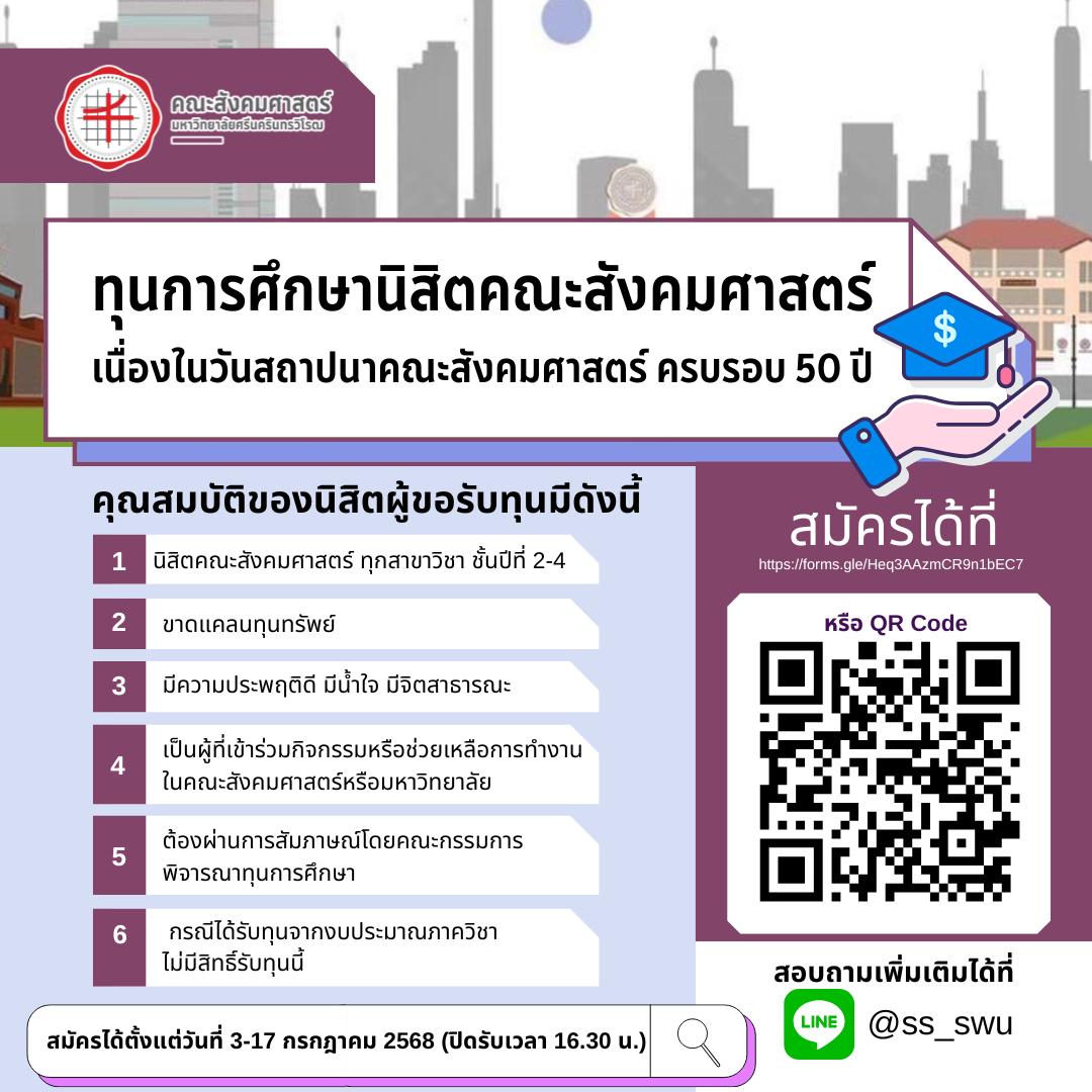 รับสมัครนิสิตเพื่อขอรับทุนการศึกษานิสิตคณะสังคมศาสตร์ เนื่องในวันสถาปนาคณะสังคมศาสตร์ ครบรอบ 50 ปี จำนวน 100 ทุนๆ ละ 5,000 บาท