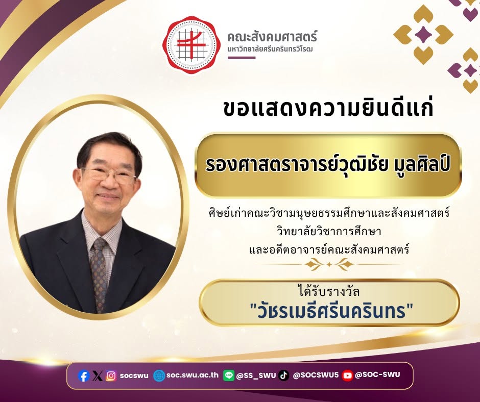 ขอแสดงความยินดีอย่างยิ่ง กับ รองศาสตราจารย์ วุฒิชัย มูลศิลป์ เนื่องในโอกาสได้รับรางวัล "วัชรเมธีศรีนครินทร"
