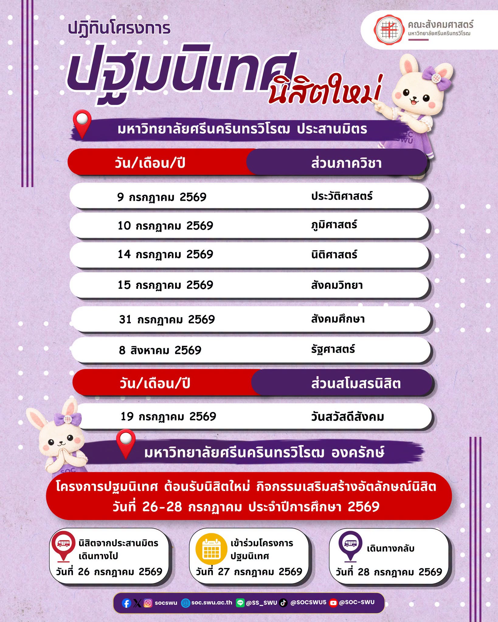 ประชาสัมพันธ์กำหนดการโครงการปฐมนิเทศนิสิตใหม่ คณะสังคมศาสตร์ มศว ประจำปีการศึกษา 2569