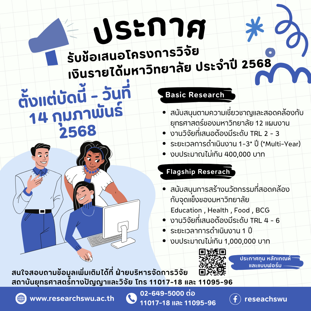 ประกาศเปิดรับข้อเสนอโครงการวิจัยเงินรายได้มหาวิทยาลัย ประจำปี 2568 จำนวน 2 ประเภททุน